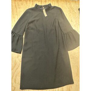 J. Crew Size 6 Black Ruffle Neck Crepe Bell Sleeve Shift Dress‎ AK212 NWTs Midi